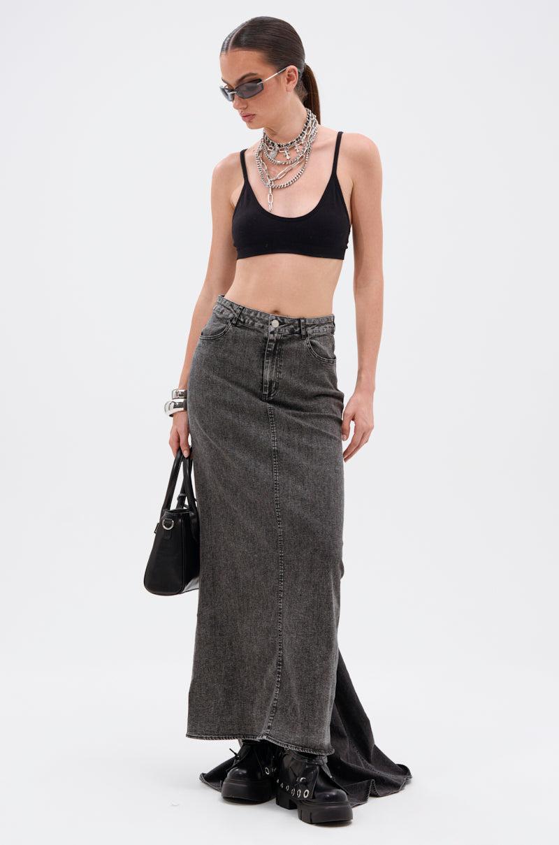 OH THE DRAMA DENIM MAXI SKIRT WITH TRAIN IN GREY Product Image