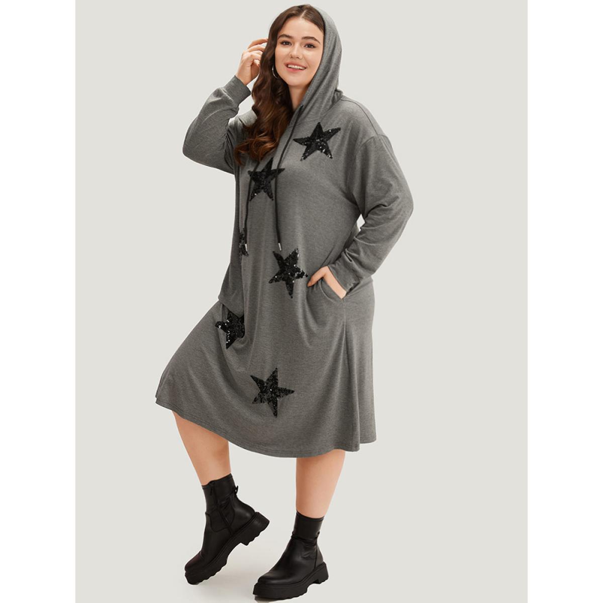 Plus Size Star Sequin Drawstring Pocket Hooded Dress DimGray Women Casual Plain Hooded Long Sleeve Curvy Midi Dress BloomChic 14-16/1X Product Image
