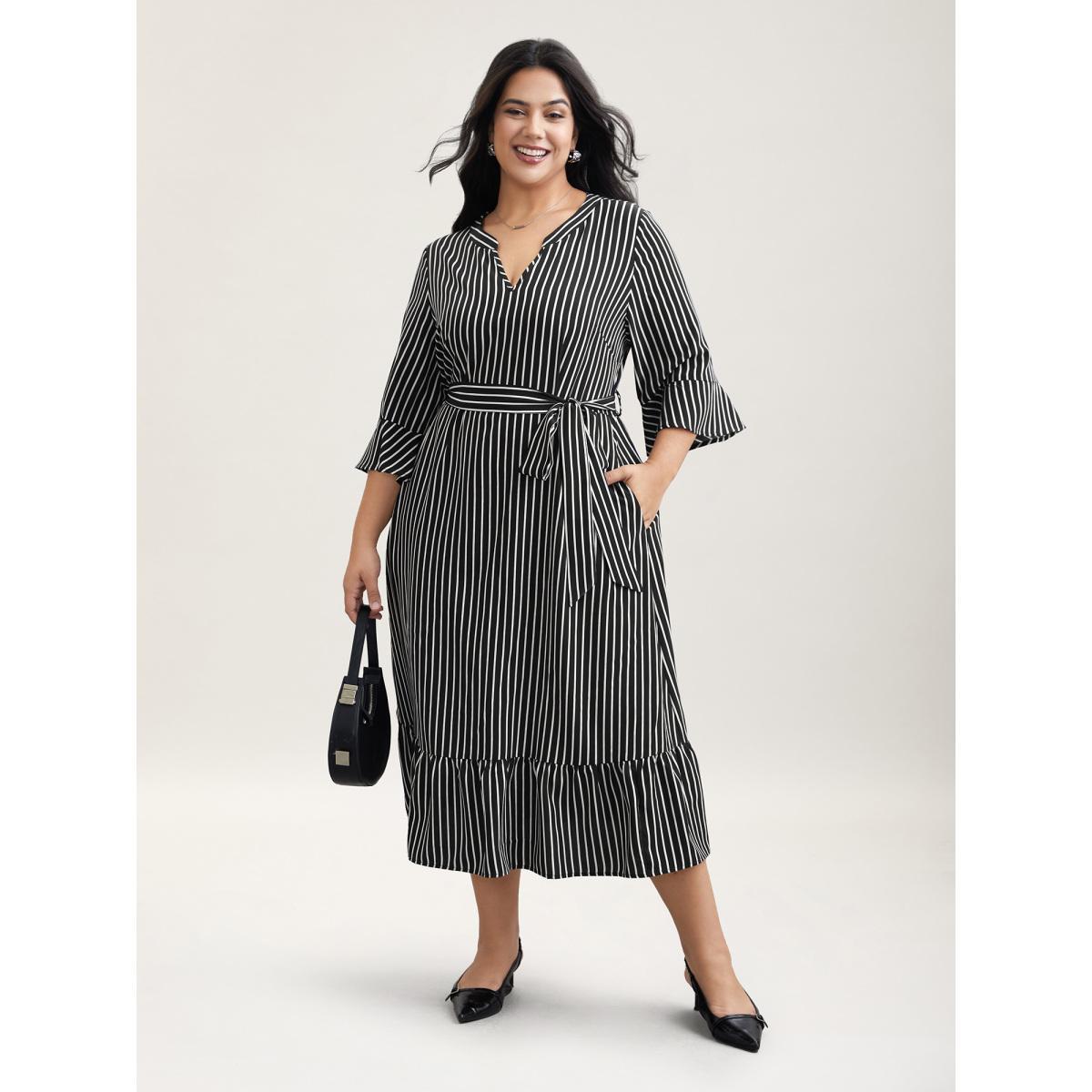Plus Size Striped Belted Notched Collar Midi Dress Black Women At the Office Belted Flat collar with V-notch Elbow-length sleeve Curvy BloomChic 14-16/1X Product Image