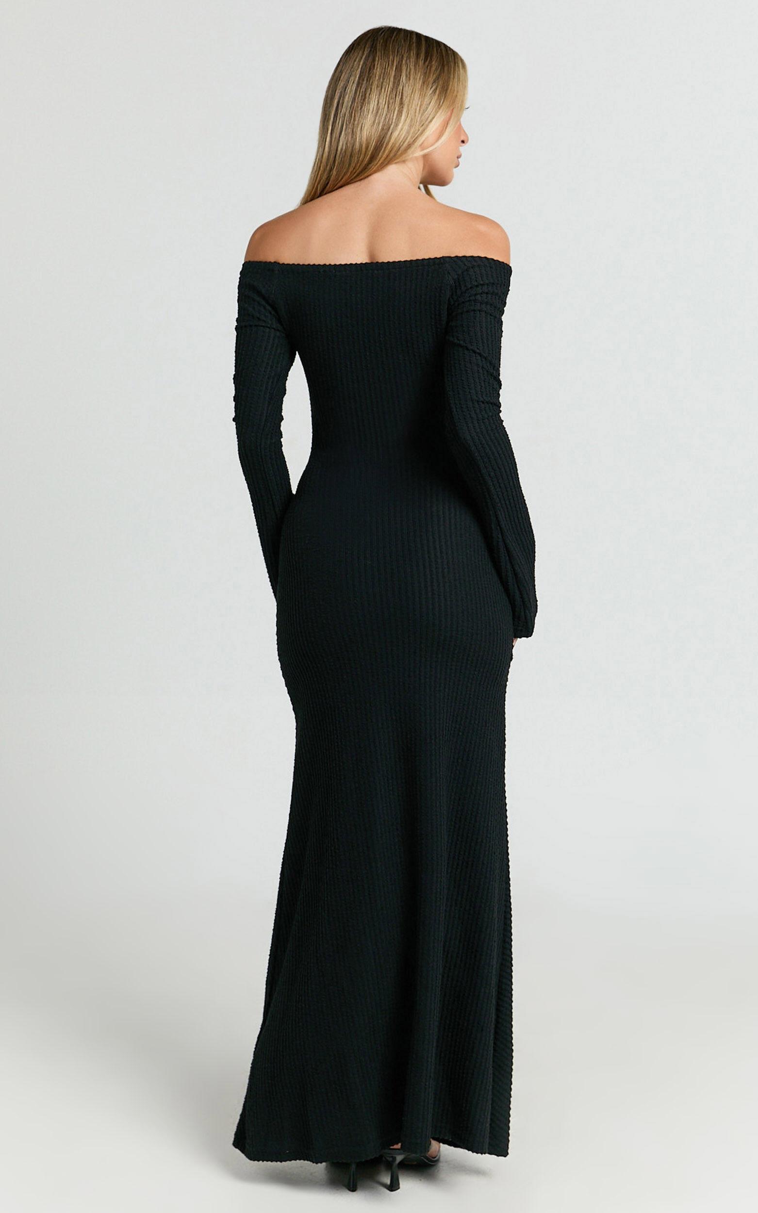 Ayla Maxi Dress - Off Shoulder Flared Sleeve Bodycon Dress in Black Product Image