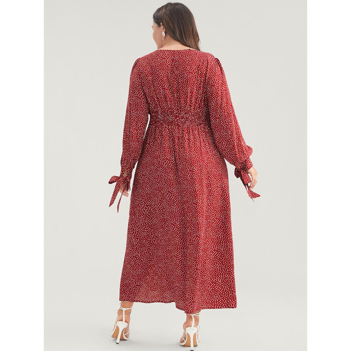 Plus Size Polka Dot Knotted Sleeve Pocket Shirred Split Dress Scarlet Women Elegant Cross straps Round Neck Long Sleeve Curvy Midi Dress BloomChic 18-20/2X Product Image