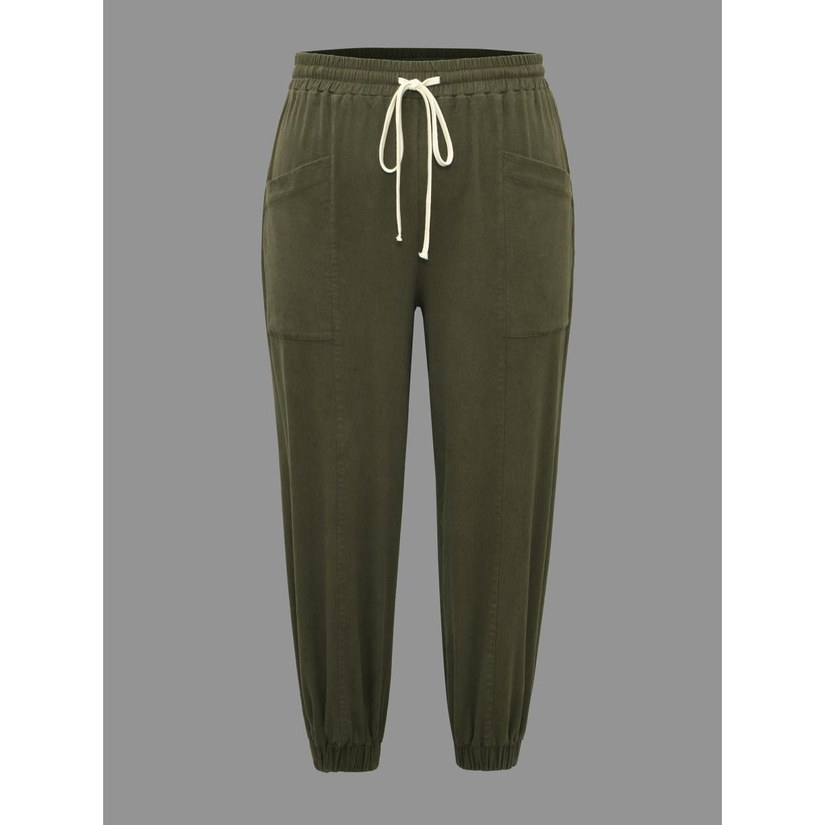 Plus Size Solid Drawstring Patch Pocket Carrot Pants Women ArmyGreen Casual Mid Rise Everyday Pants BloomChic 26/4X Product Image