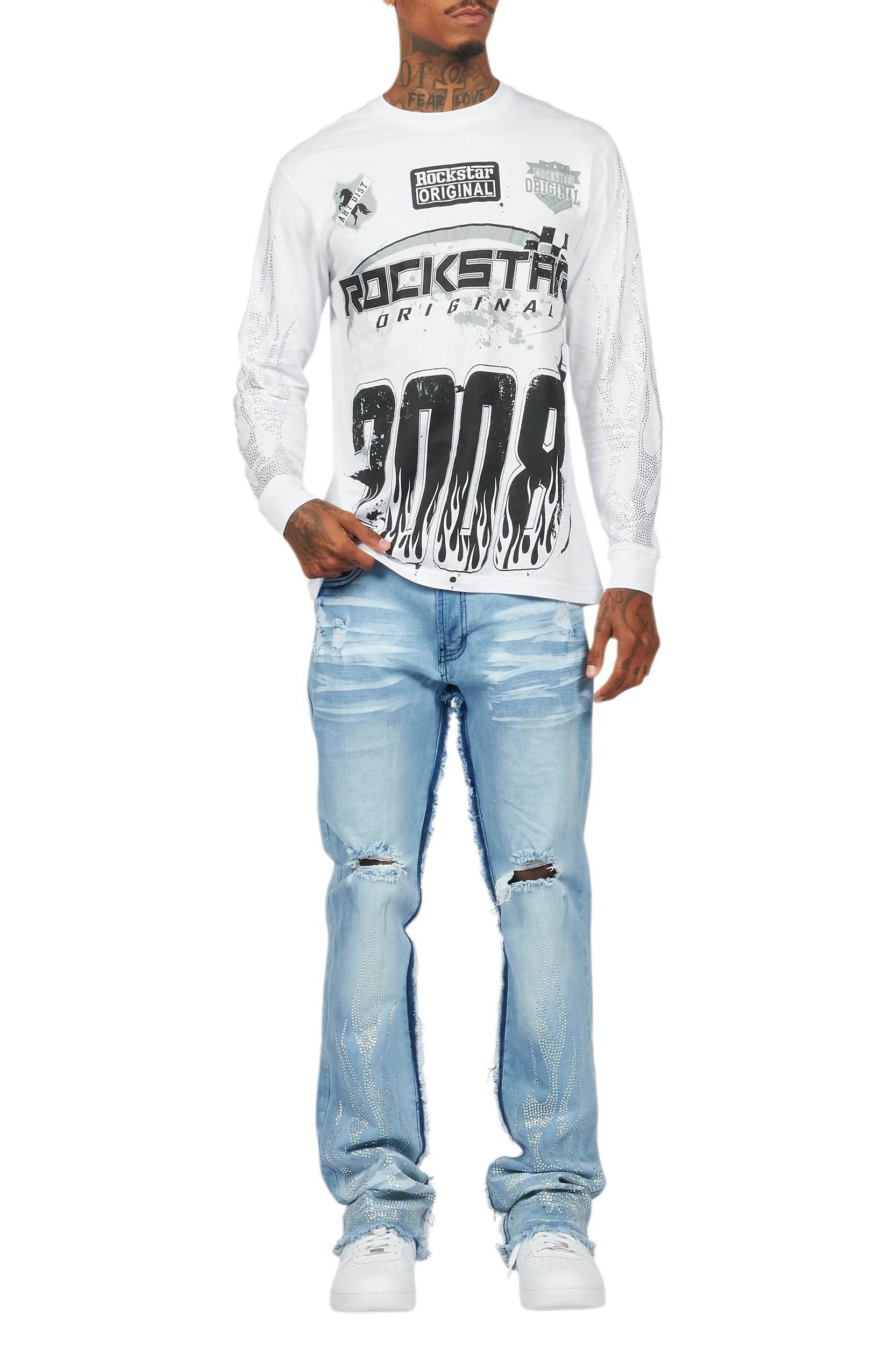 Amos White/Blue Rhinestone Long Sleeve T-Shirt/Stacked Flare Jean Set Male Product Image