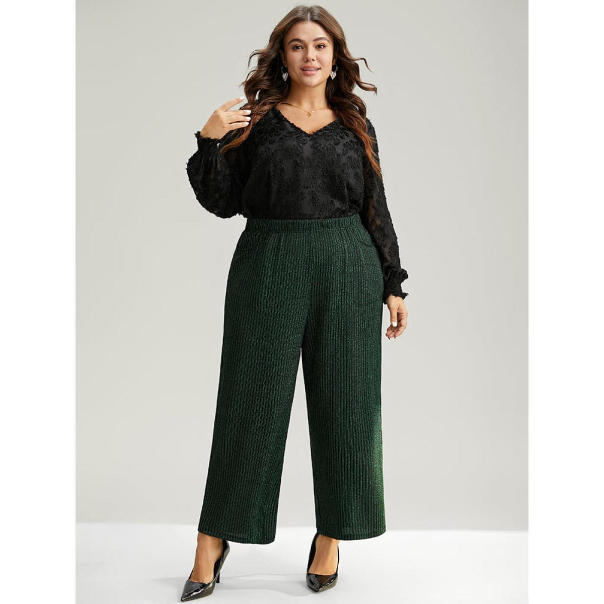 Plus Size Plain Texture Luxe Elastic Waist Straight Leg Pants Women Green Glamour Straight Leg High Rise Festival-Christmas Pants BloomChic 28/5X Product Image