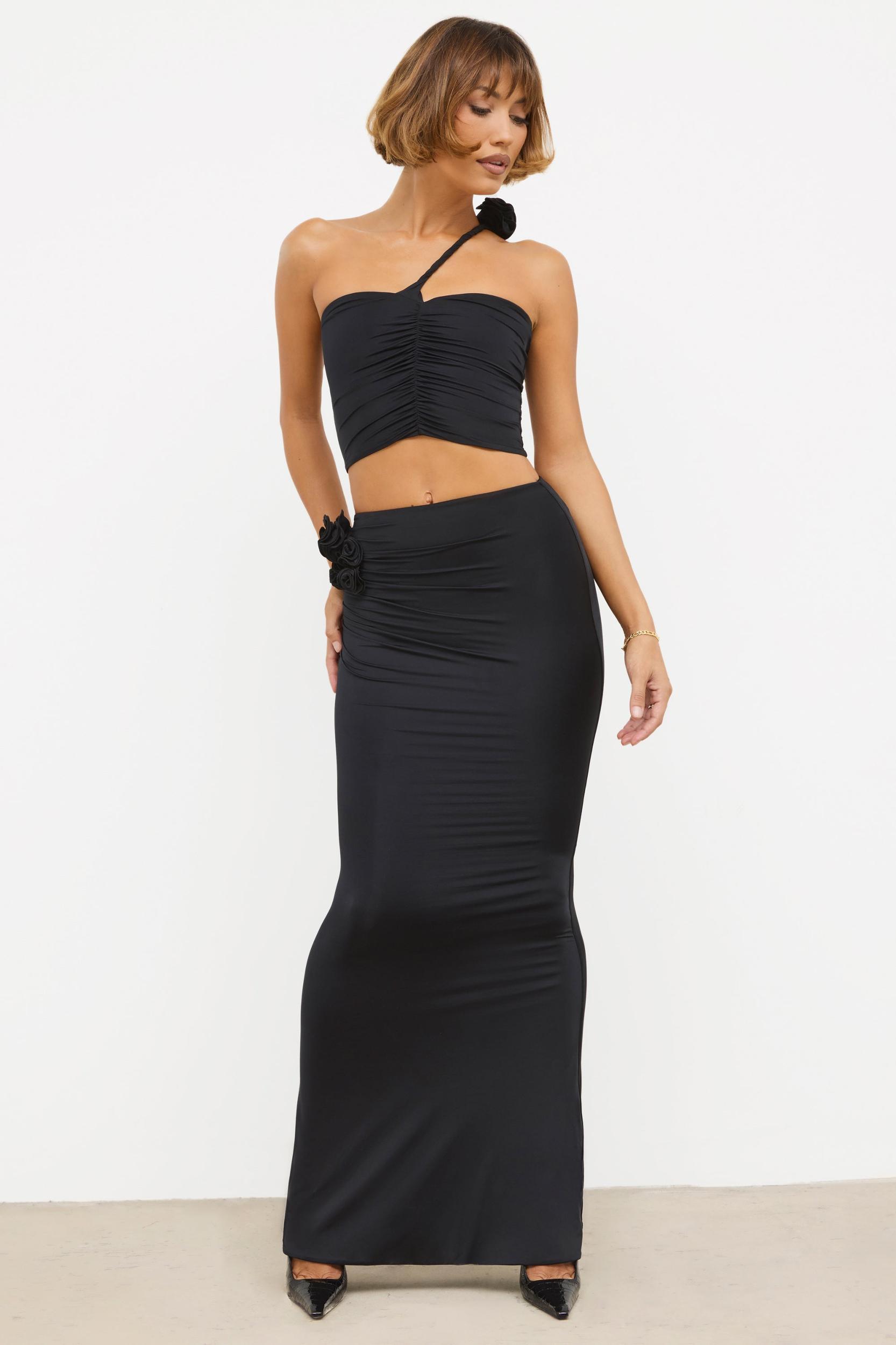 Slinky Jersey Rose Detail Mid-Rise Maxi Skirt in Black Product Image