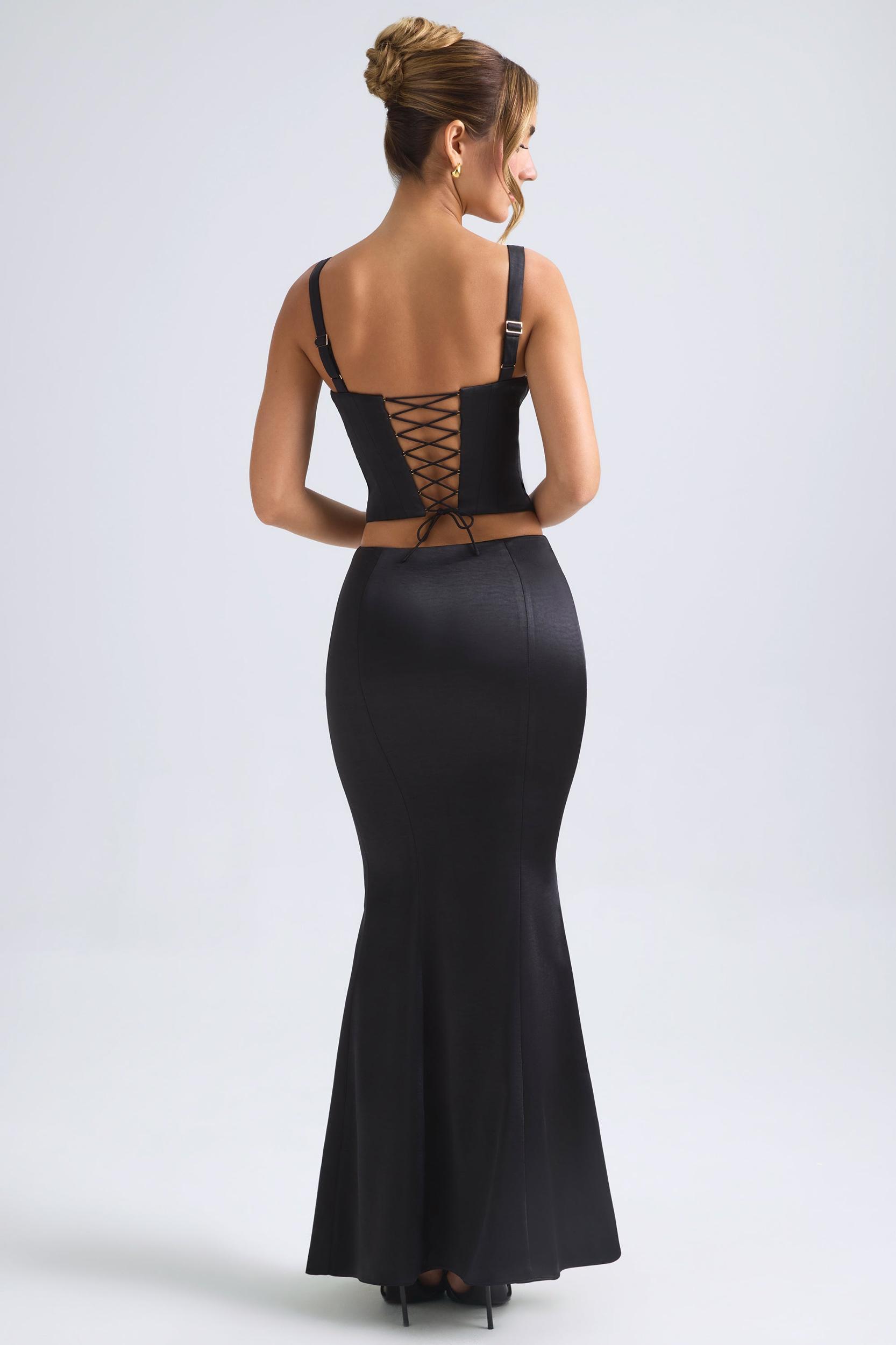 Mid-Rise Fishtail Maxi Skirt in Black Product Image