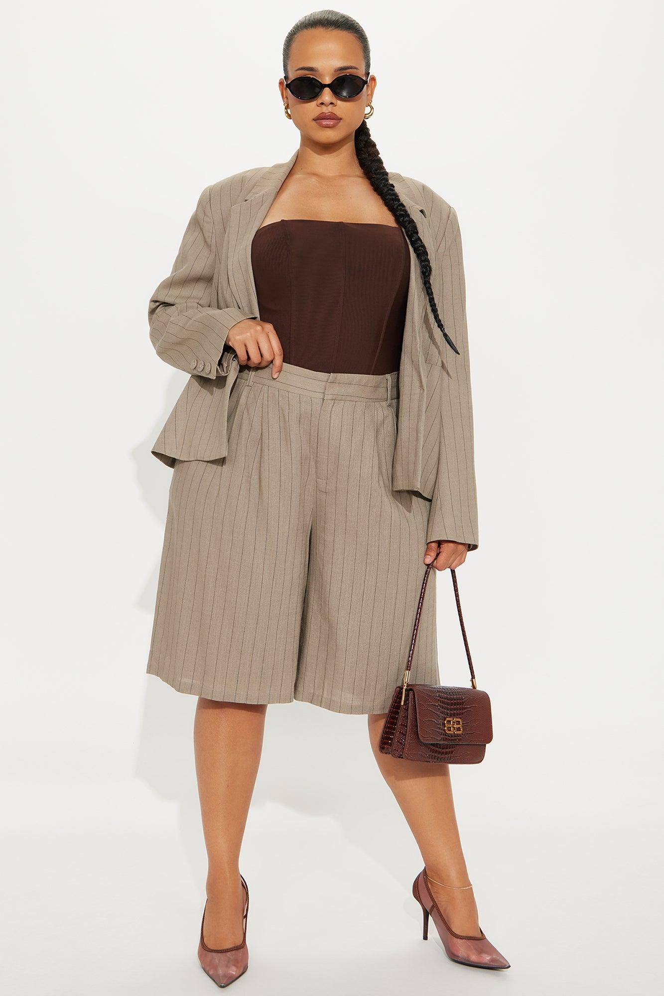 Penelope Pinstripe Linen Trouser Short - Mocha Product Image