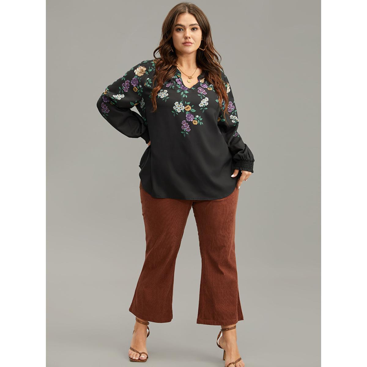 Plus Size Black Floral Print Shirred Curved Hem Blouse Women Elegant Long Sleeve V-neck Dailywear Blouses BloomChic 10/M Product Image