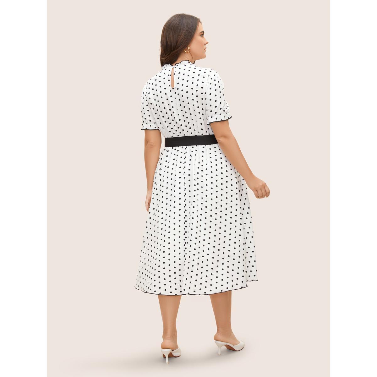 Plus Size Bow Polka Dot Midi Dress Originalwhite Women Elegant Belted Mock Neck Short sleeve Curvy BloomChic 30/6X Product Image