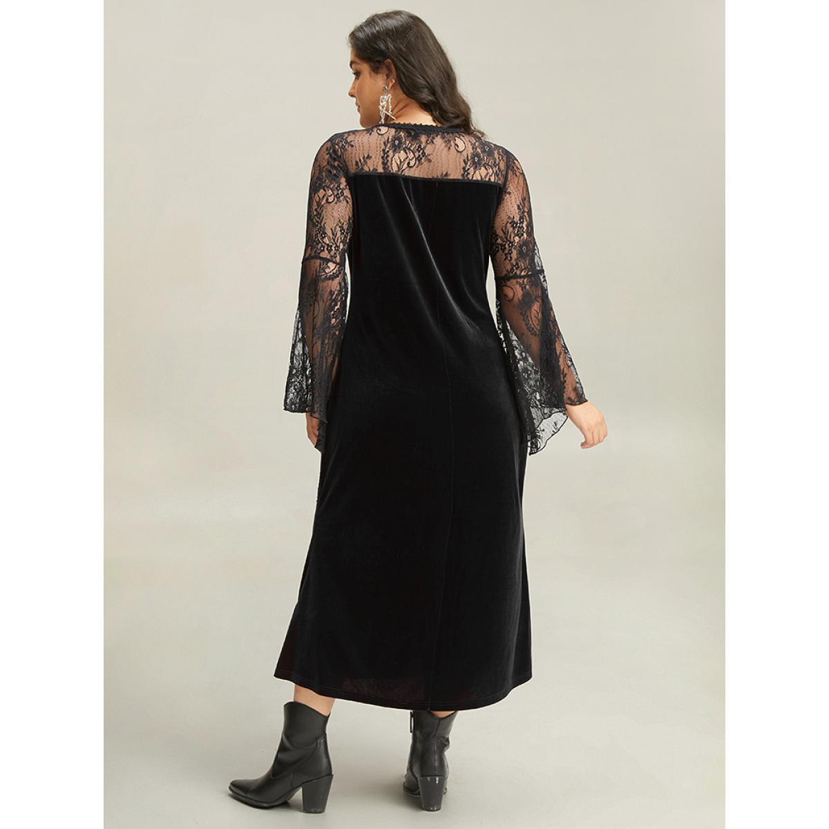 Plus Size Halloween Eyelet Lace Mesh Bell Sleeve Dress Black Women Elegant See through Round Neck Long Sleeve Curvy Midi Dress BloomChic 10/M Product Image