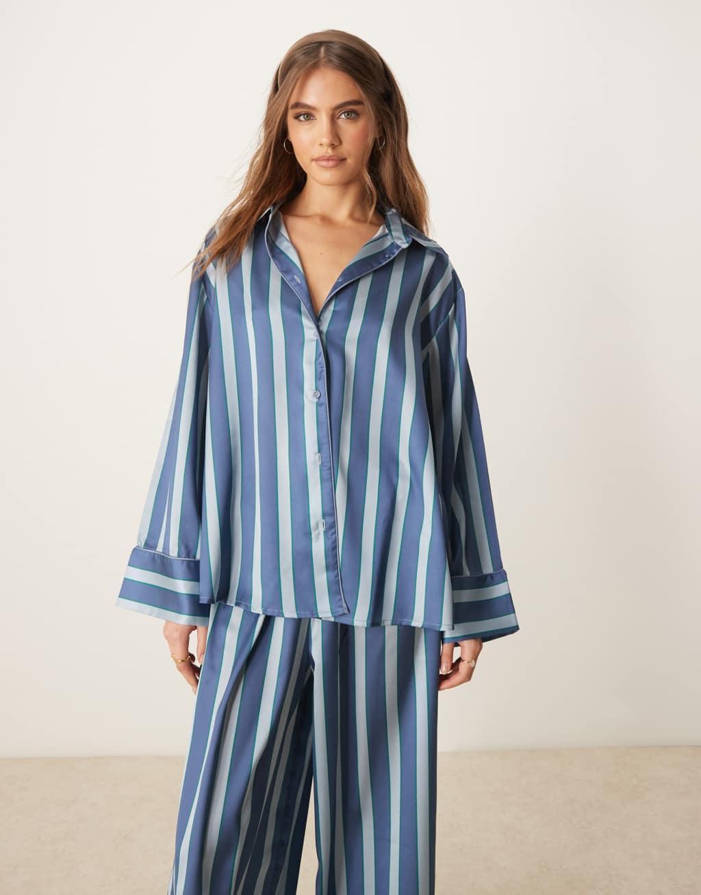 ASOS DESIGN oversized satin stripe shirt and pants pajama set in blue stripe Product Image