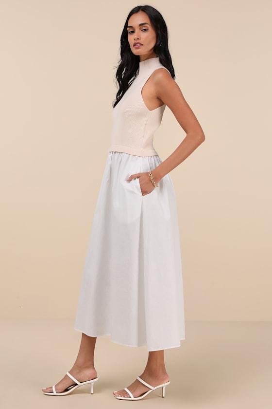 Confident Cues Ivory Two-Tone Mixed Media Midi Dress Product Image