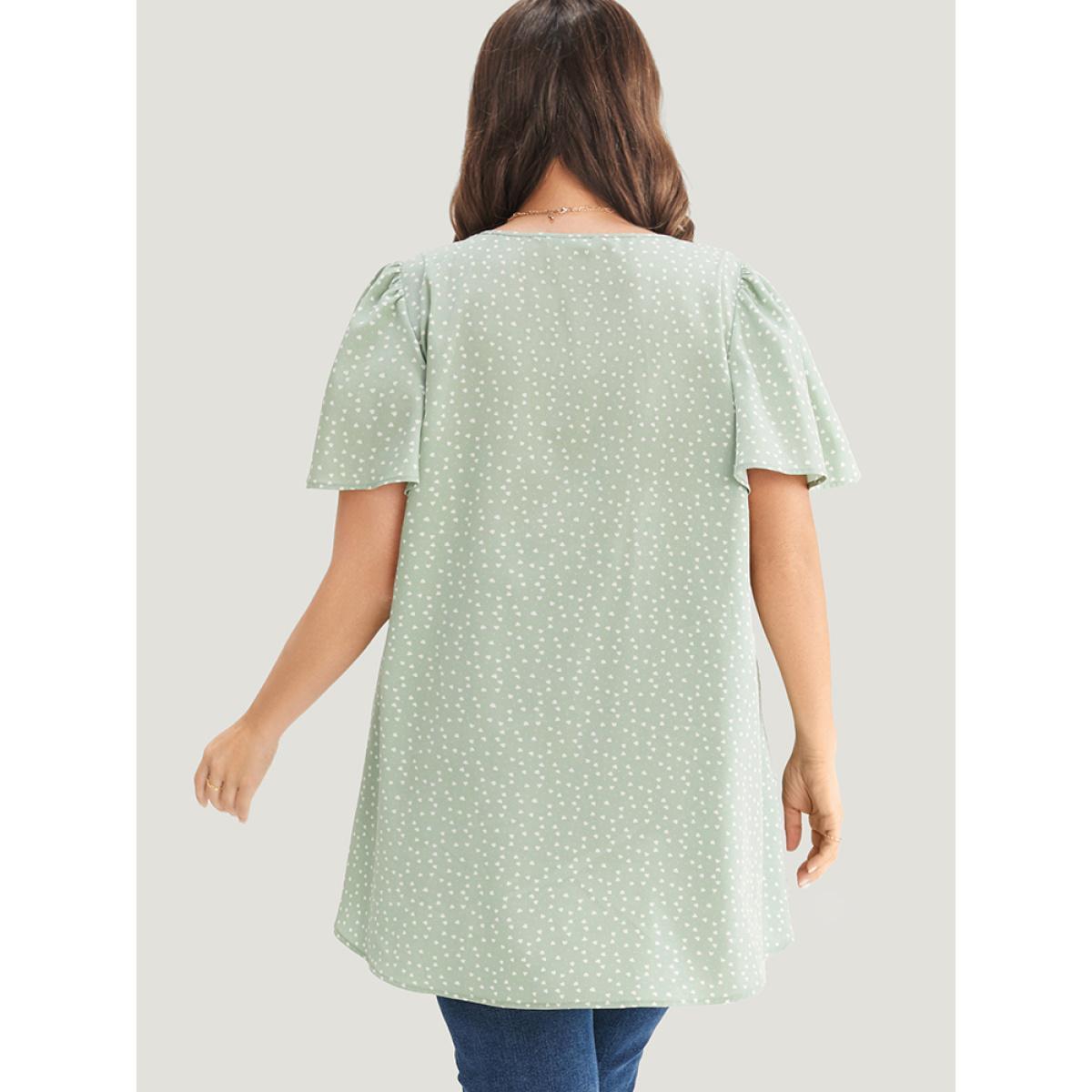 Plus Size Mint Heart Print Ruffle Sleeve Asymmetrical Hem Blouse Women Elegant Short sleeve V-neck Dailywear Blouses BloomChic 30/6X Product Image