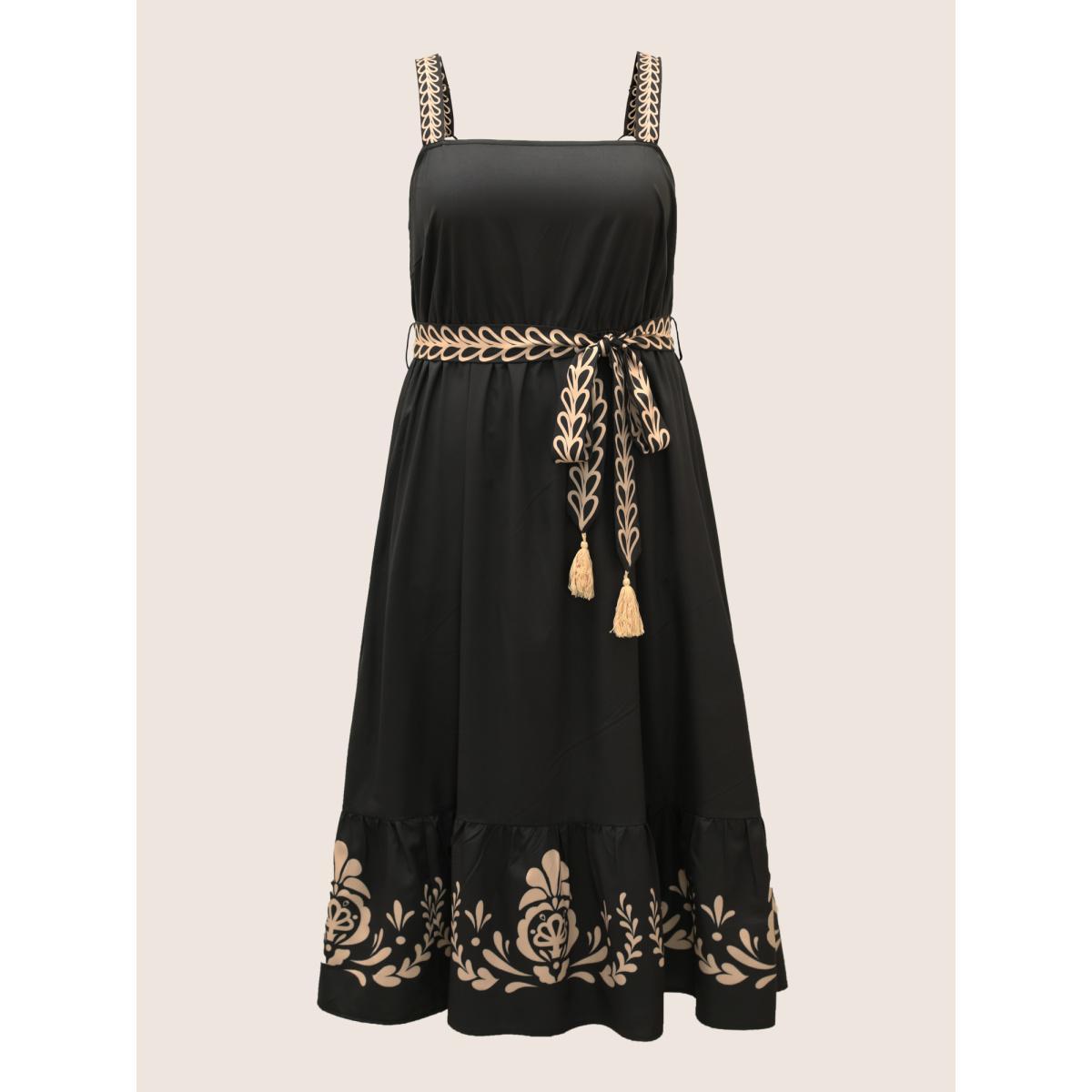 Plus Size Boho Print Tassel Belted Cami Dress Black Women Resort Non Sleeveless Curvy BloomChic 30/6X Product Image