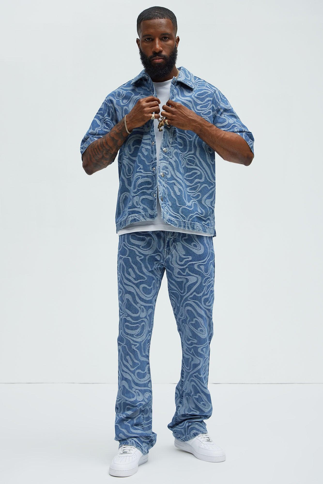 Fingerprint Swirl Stacked Slim Flare Jeans - Medium Blue Wash Product Image