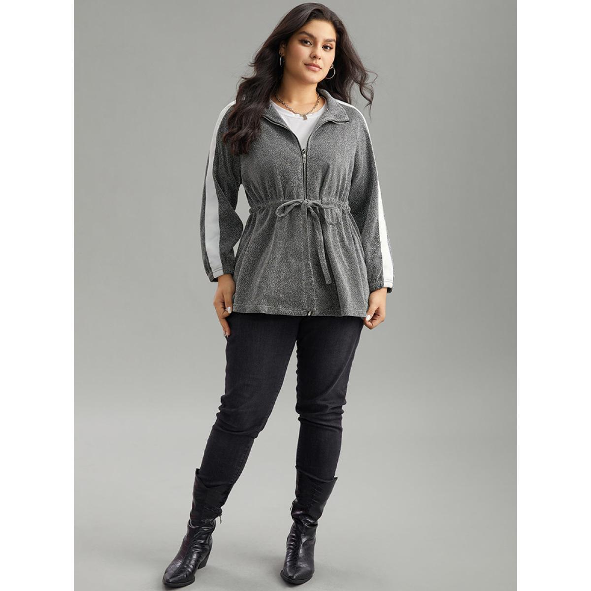 Plus Size Patchwork Contrast Trim Drawstring Zipper Jacket Women DimGray Contrast Dailywear Jackets BloomChic 28/5X Product Image