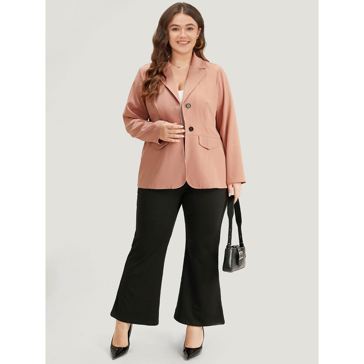 Plus Size Plain Flap Pocket Button Through Blazer Crepe Women Work Plain Plain Sleeve Long Sleeve Suit Collar 10/M Office Blazers BloomChic Product Image