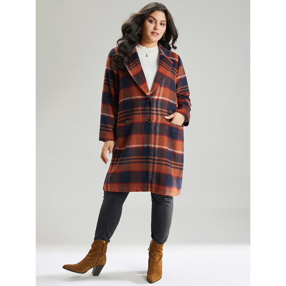 Plus Size Lapel Collar Plaid Pocket Button Up Coat Women OrangeRed Casual Contrast Ladies Dailywear Winter Coats BloomChic 12/L Product Image