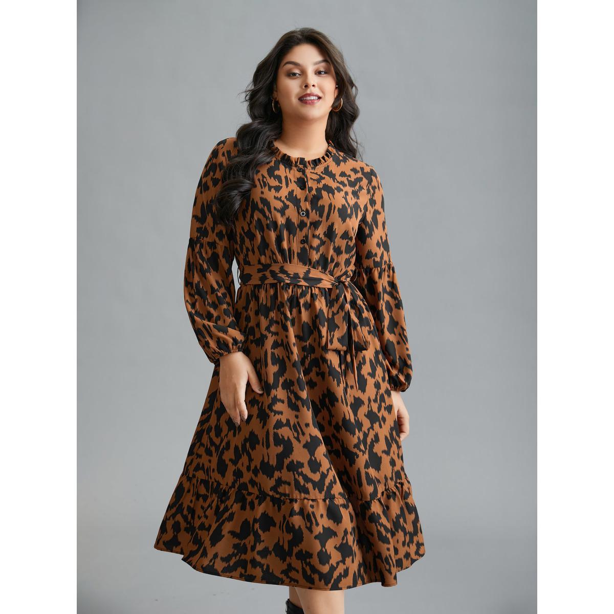 Plus Size Leopard Print Stretchy Waist Belted Dress Yellowishbrown Women Elegant Belted Stand-up collar Long Sleeve Curvy BloomChic 26/4X Product Image