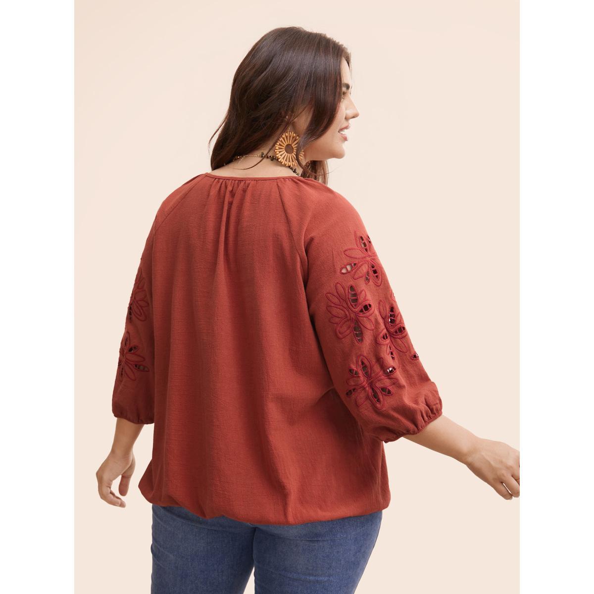 Plus Size Rust Broderie Anglaise Gathered Tie Knot Blouse Women Resort Elbow-length sleeve Round Neck Vacation Blouses BloomChic 22-24/3X Product Image