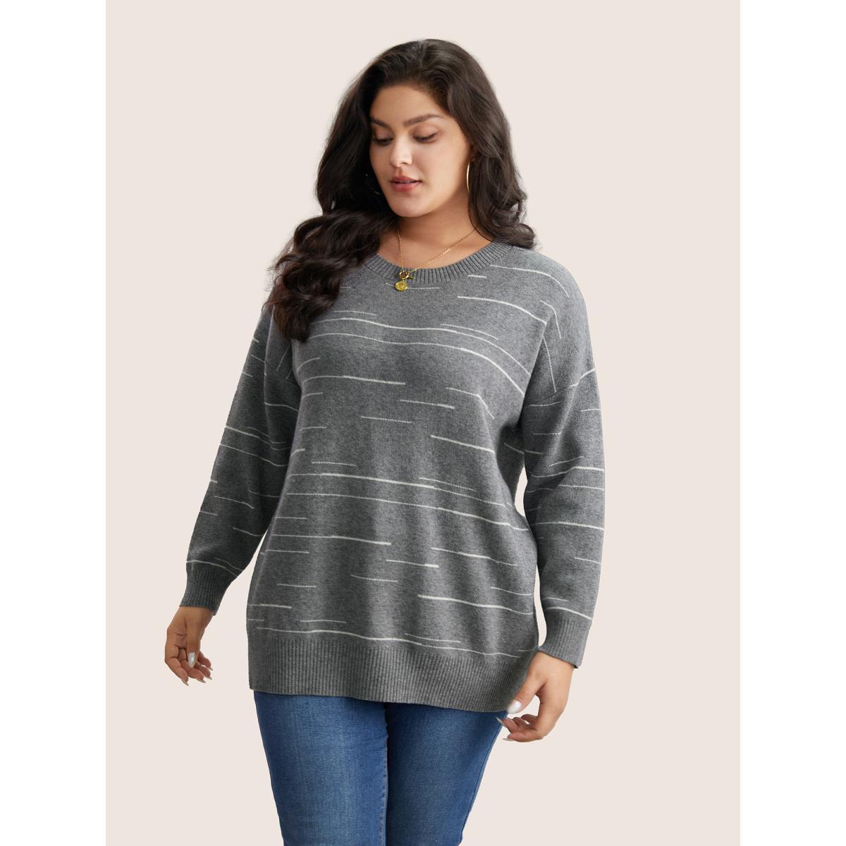 Plus Size Supersoft Essentials Asymmetrical Striped Round Neck Pullover Gray Women Casual Long Sleeve Round Neck Everyday Pullovers BloomChic 10/M Product Image