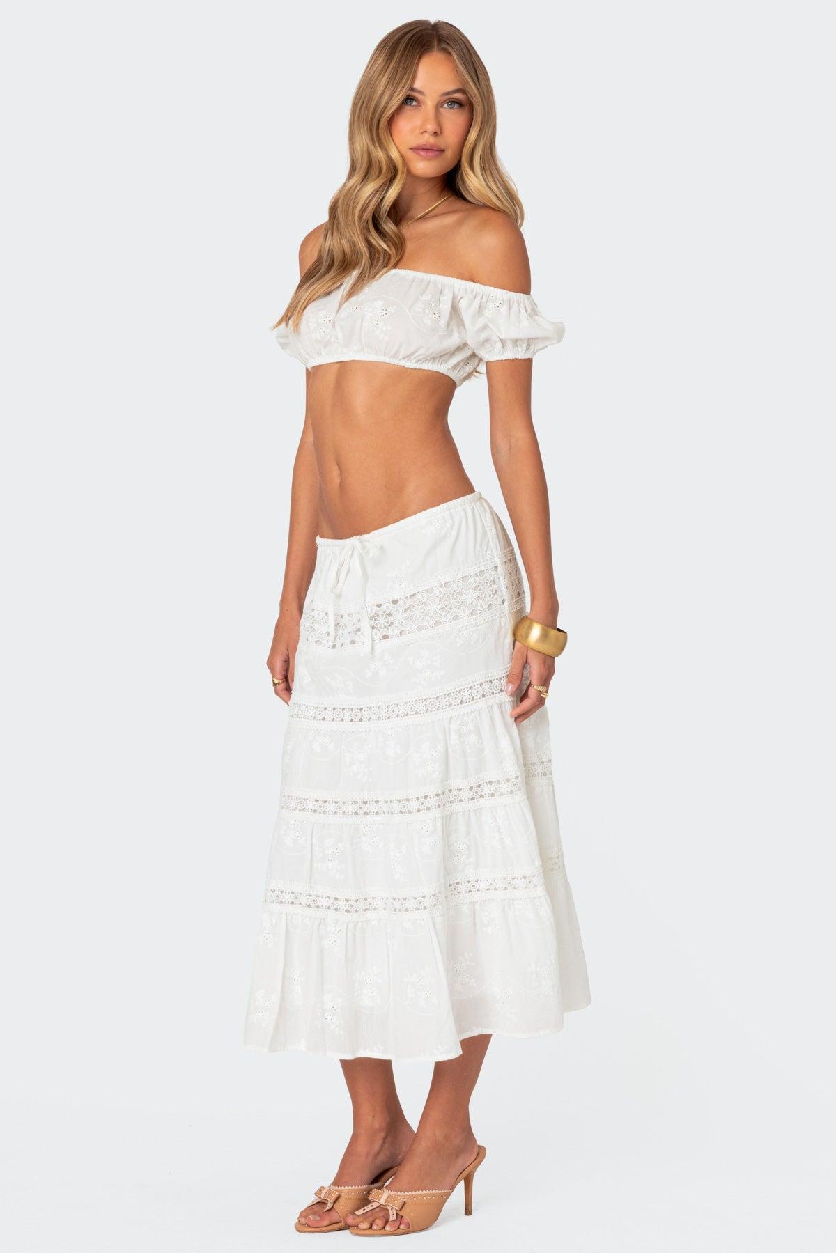 Tiered Cotton Lace Midi Skirt Product Image