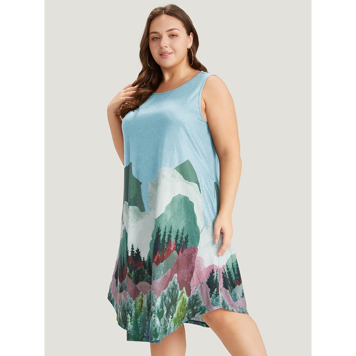 Plus Size Landscape Print Pocket Curved Hem Tank Dress LightBlue Women Casual Printed Round Neck Sleeveless Curvy Midi Dress BloomChic 22-24/3X Product Image