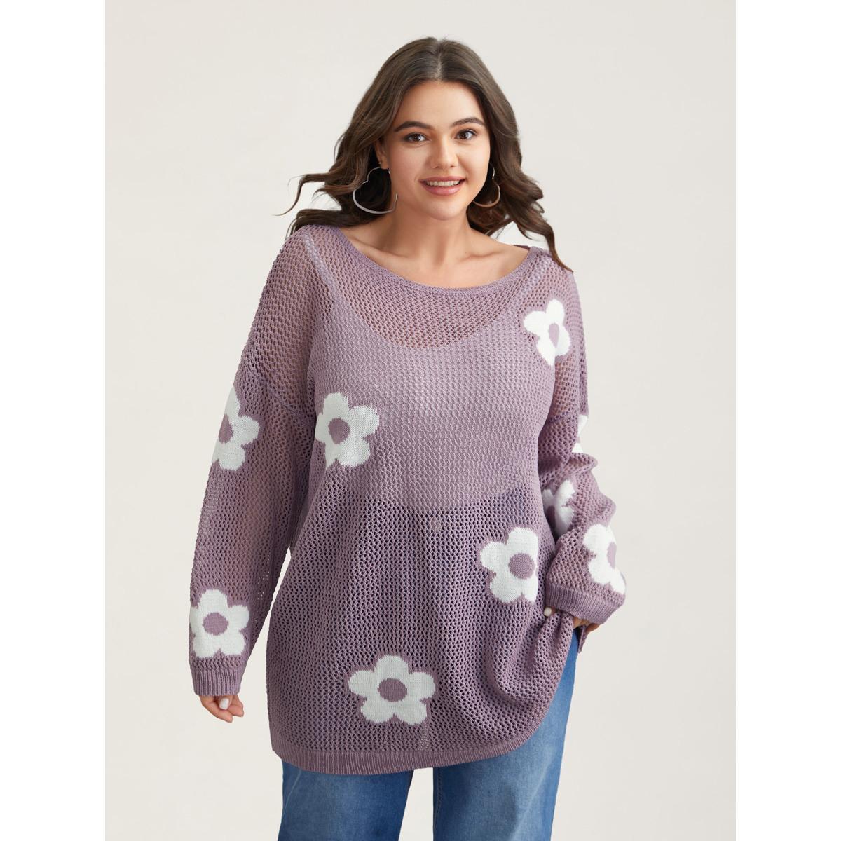Plus Size Floral Jacquard Cut-Out Ribbed Pullover Mauve Women Beach Loose Long Sleeve Round Neck Vacation Pullovers BloomChic 28/5X Product Image