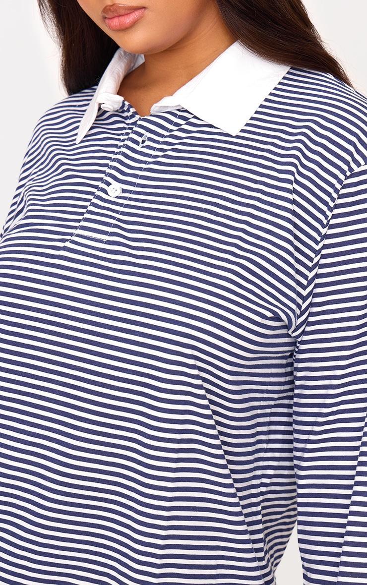 Plus Navy Striped Collared Oversized Long Sleeve T Shirt Product Image