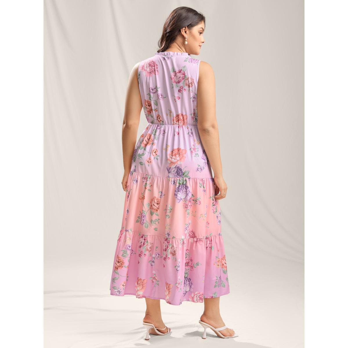 Plus Size Floral Print Pockets Gradient Maxi Dress Blush Women Notched collar Sleeveless Curvy BloomChic 14-16/1X Product Image