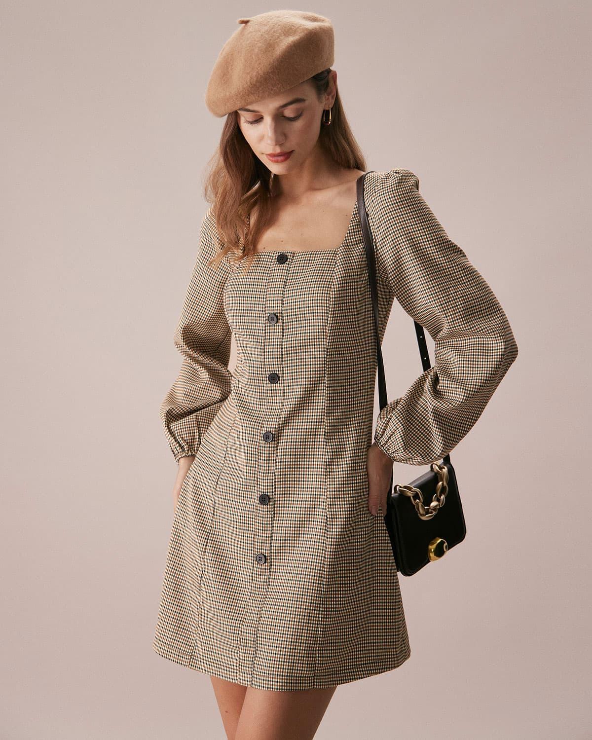 The Khaki Square Neck Plaid Button Mini Dress Product Image