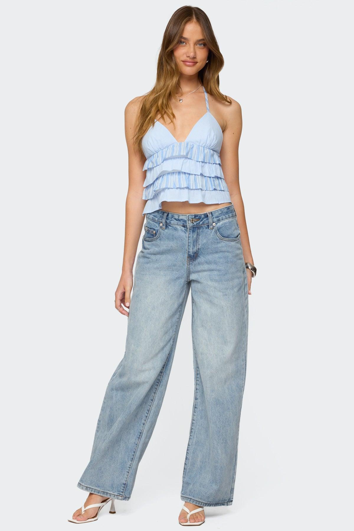 Tiered Ruffle Backless Striped Halter Top Product Image