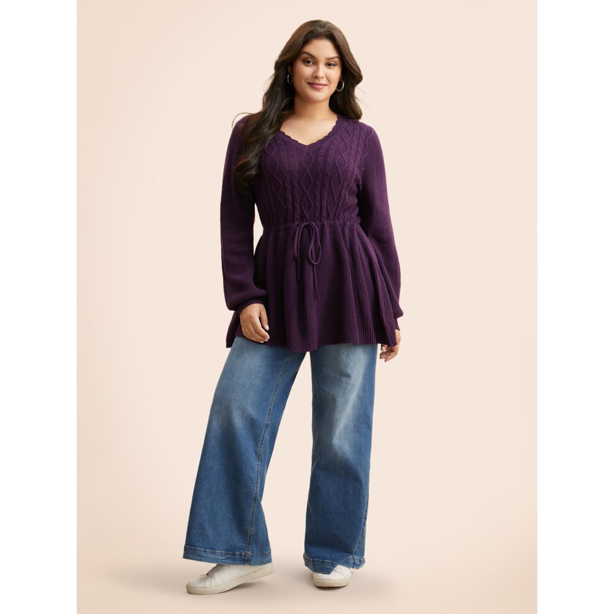Plus Size V Neck Cable Knit Drawstring Pullover Eggplant Women Casual Long Sleeve V-neck Everyday Pullovers BloomChic 12/L Product Image