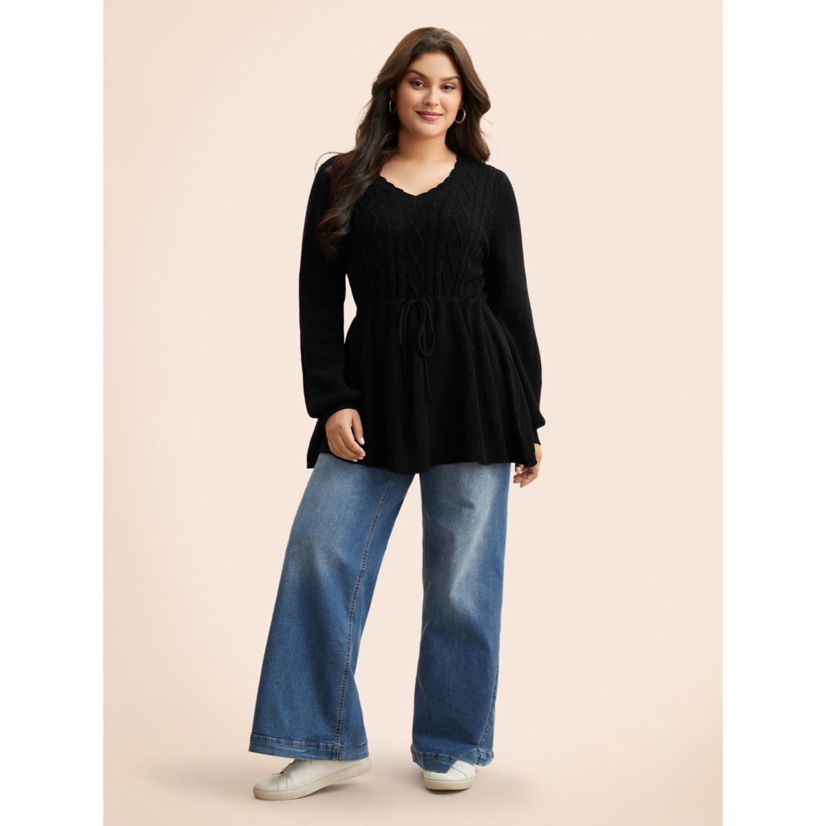 Plus Size V Neck Cable Knit Drawstring Pullover Black Women Casual Long Sleeve V-neck Everyday Pullovers BloomChic 18-20/2X Product Image
