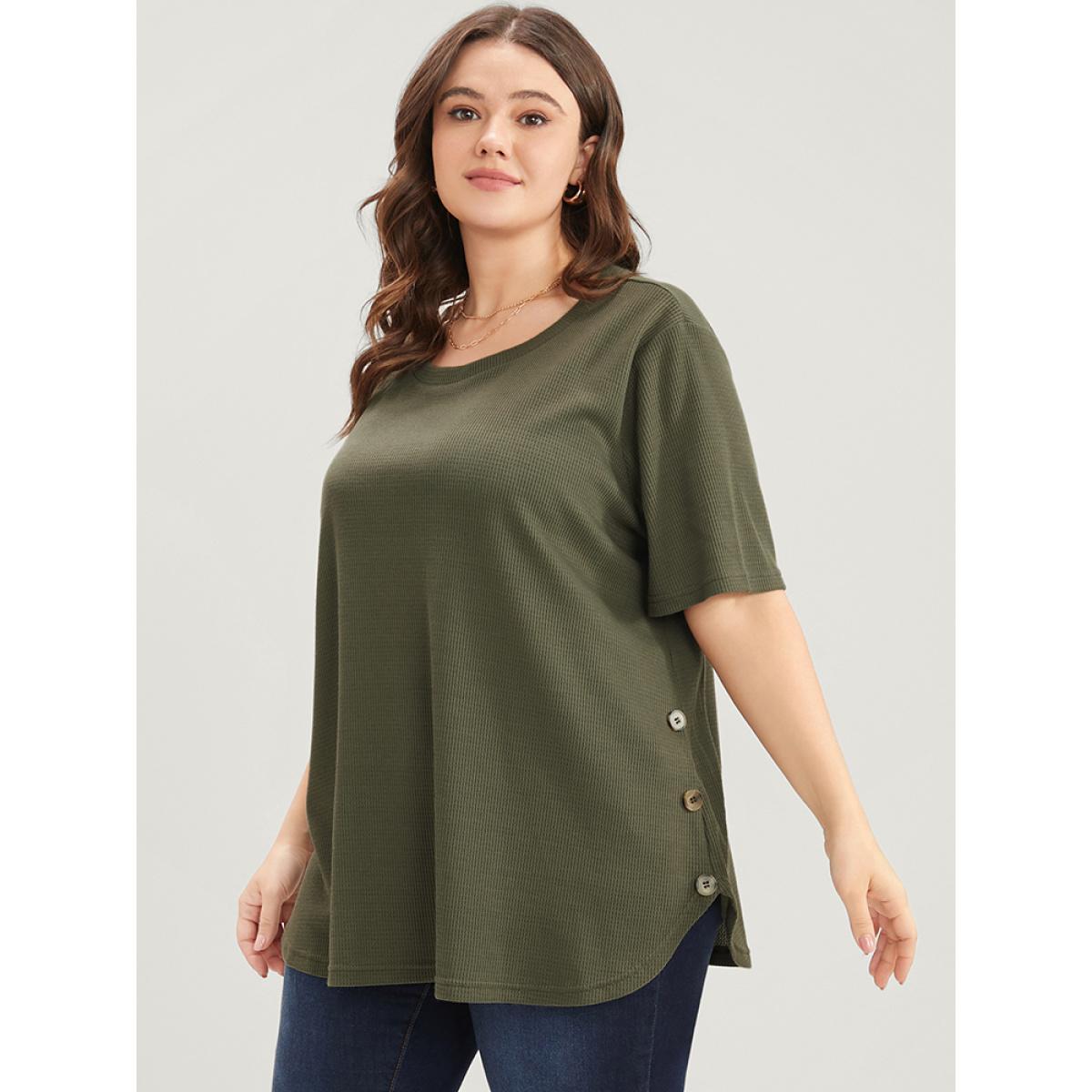 Plus Size Plain Round Neck Button Detail Waffle Knit Tee ArmyGreen Women Casual Button Plain Round Neck Dailywear T-shirts BloomChic 30/6X Product Image