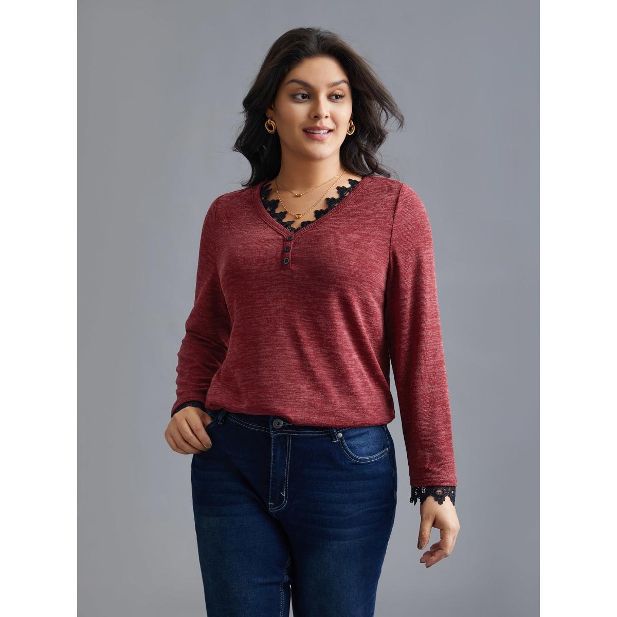 Plus Size V Neck Lace Trim Stitch Button Detail T-Shirt Deepred Women Elegant Woven ribbon&lace trim V-neck Everyday T-shirts BloomChic 18-20/2X Product Image