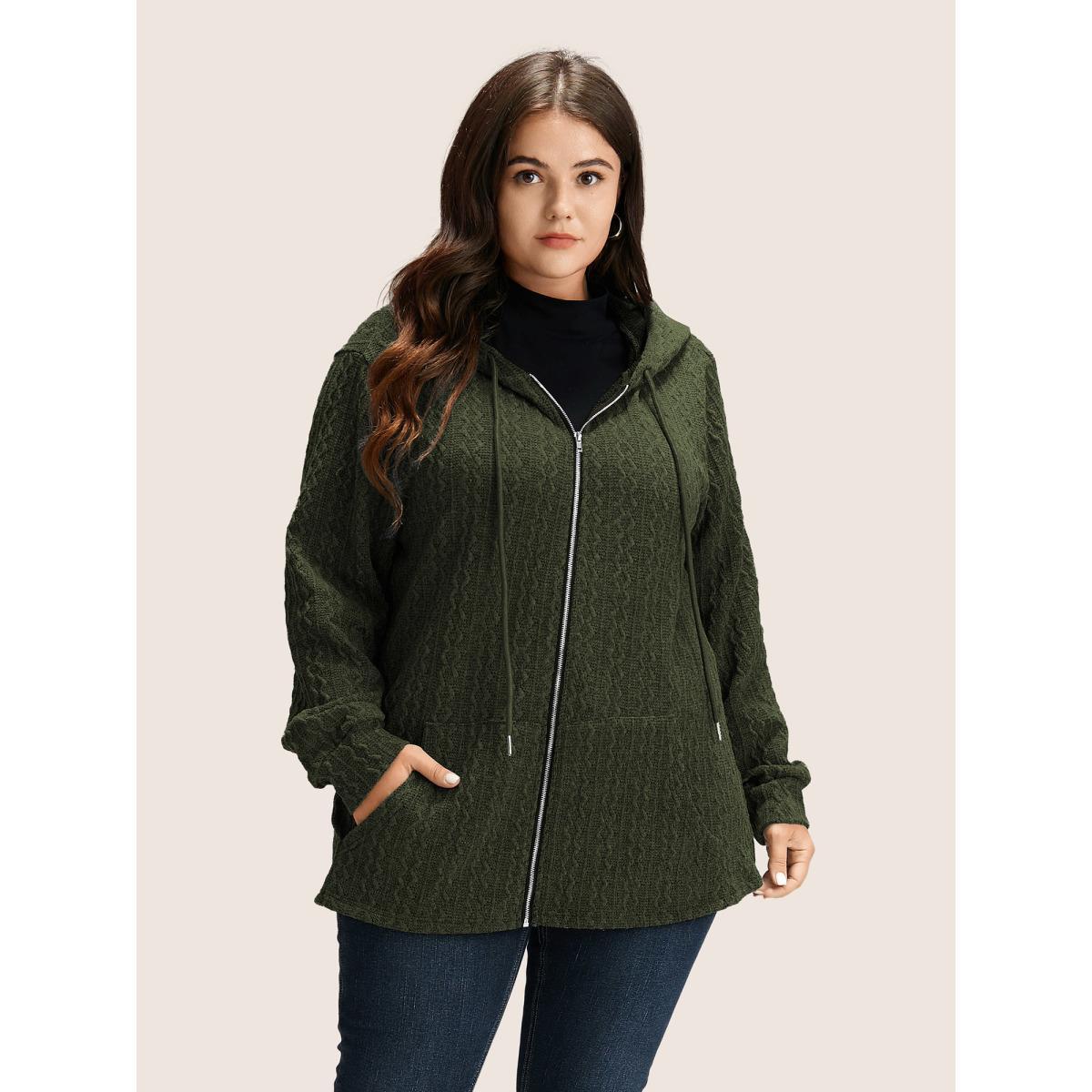 Plus Size Plain Textured Zipper Hooded Sweatshirt Women ArmyGreen Casual Non Hooded Everyday Sweatshirts BloomChic 14-16/1X Product Image