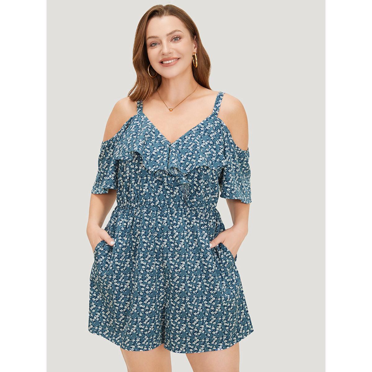 Plus Size Stone Ditsy Floral Pocket Zipper Ruffle Cold Shoulder Romper Women Casual Short sleeve Spaghetti Strap Dailywear Loose Jumpsuits BloomChic 22-24/3X Product Image