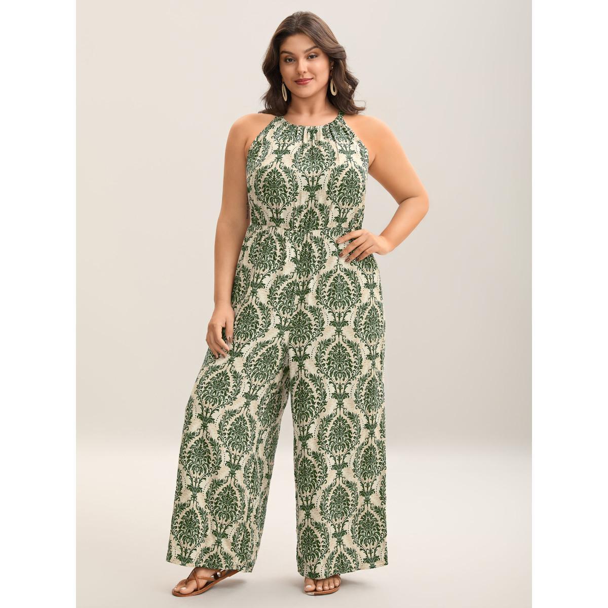 Plus Size Greenbean Rayon Damask Print Stretchy Waist Jumpsuit Women Sleeveless Halter neck Vacation Loose Jumpsuits BloomChic 18-20/2X Product Image