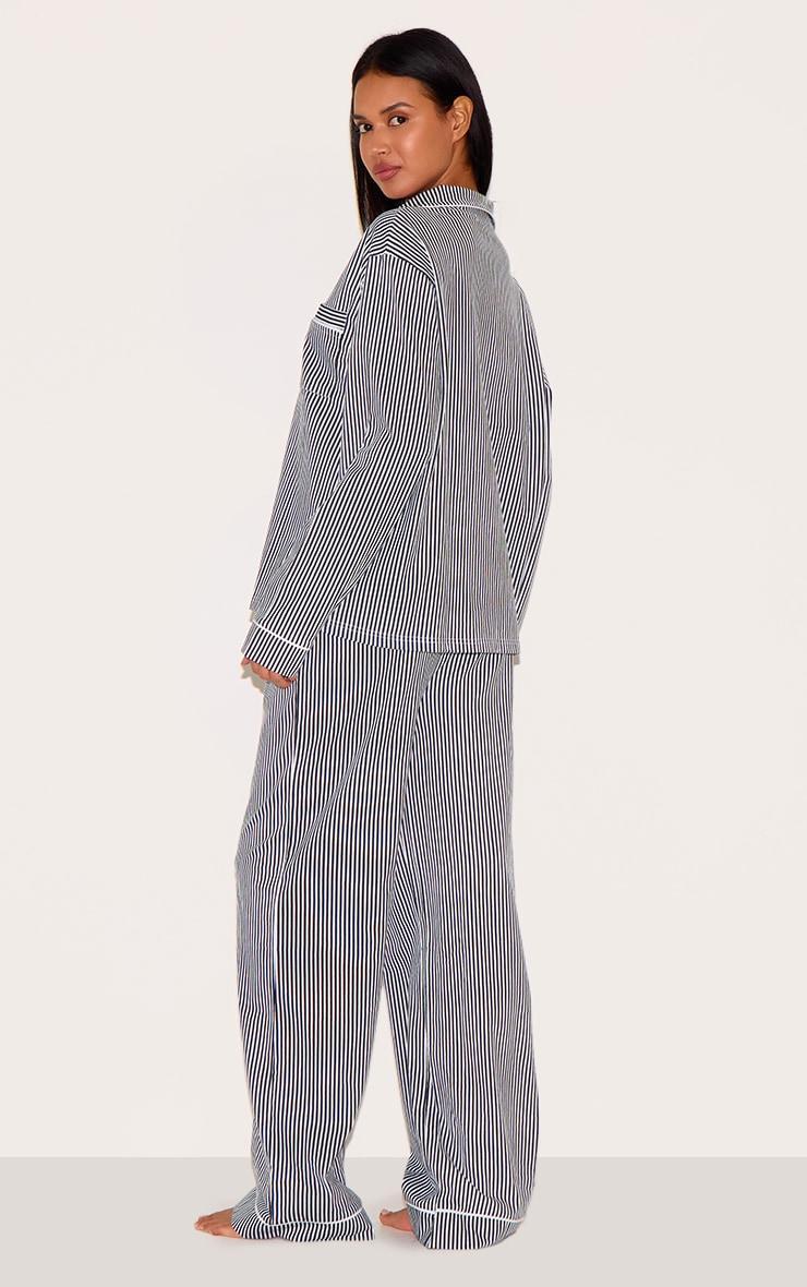 Navy Stripe Print Jersey Piping Detail Long Pj Set Product Image