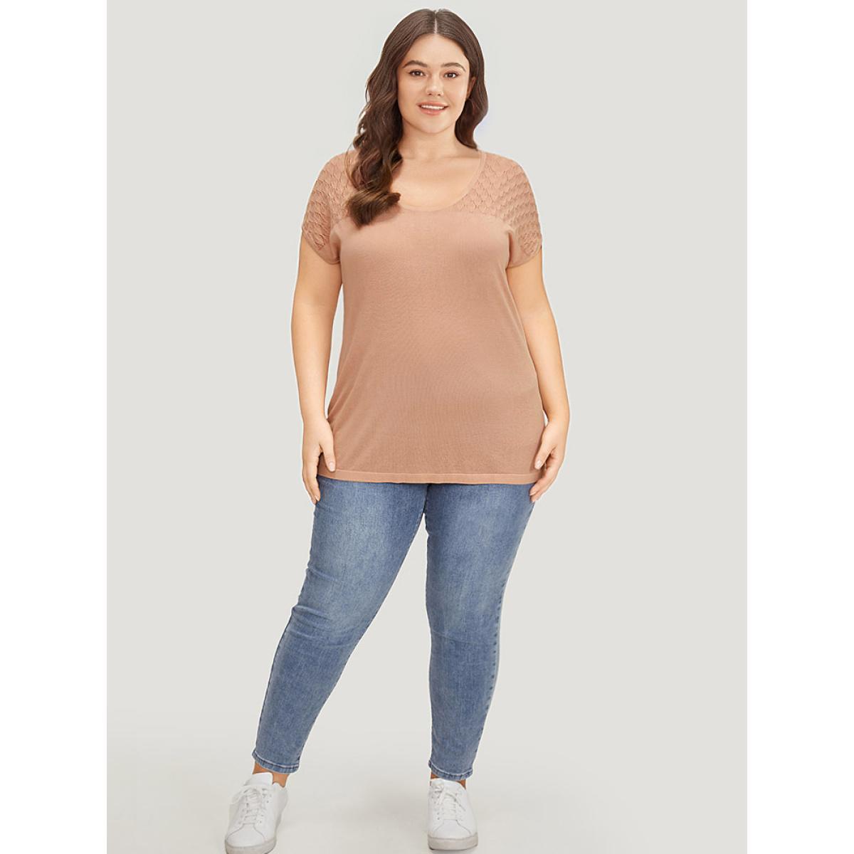 Plus Size Supersoft Essentials Plain Patchwork Batwing Sleeve Scoop Neck Pullover Salmon Women Casual Loose Short sleeve Scoop Neck Dailywear Pullovers BloomChic 12/L Product Image