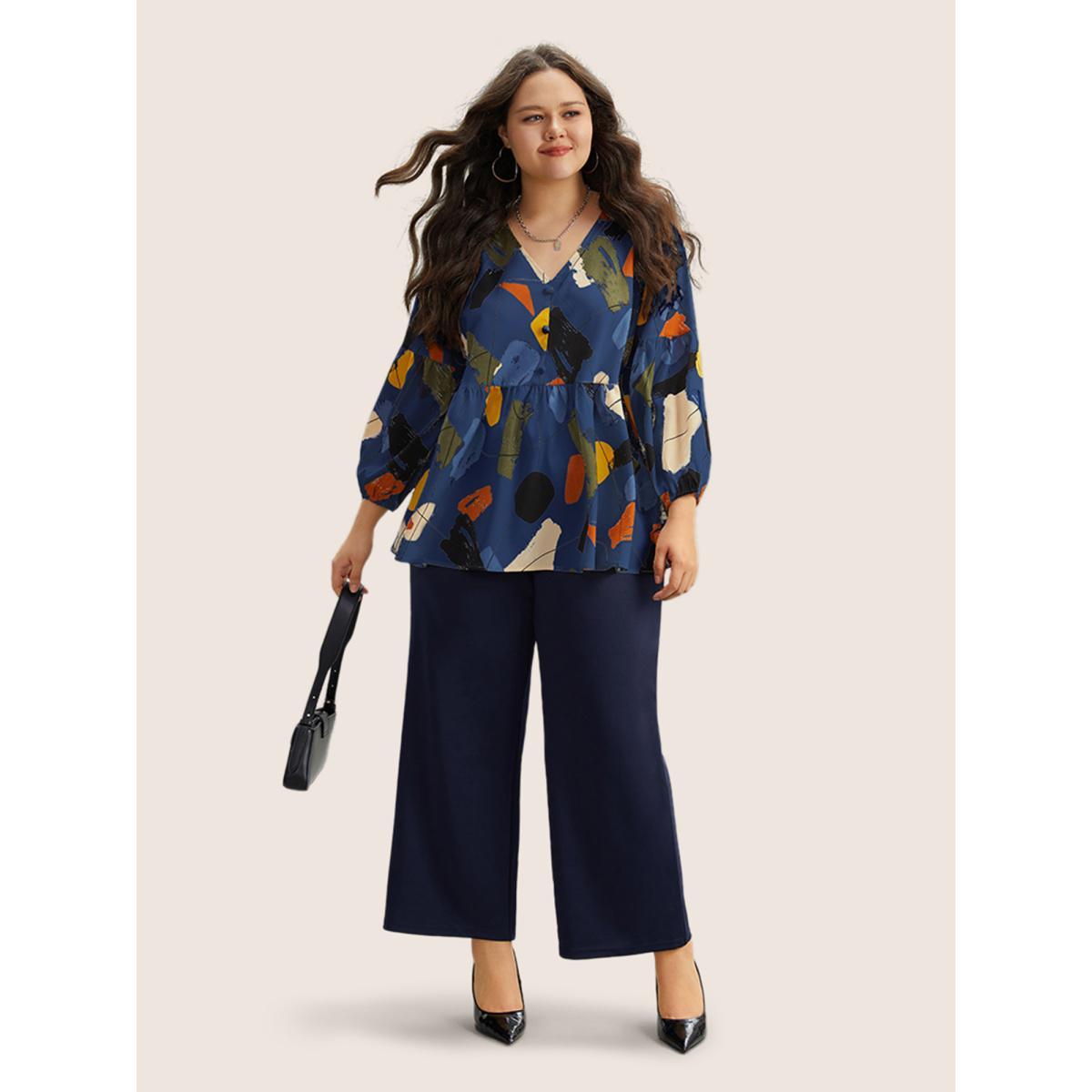 Plus Size Navy Brush Print Button Detail Elastic Cuffs Blouse Women Casual Long Sleeve V-neck Everyday Blouses BloomChic 10/M Product Image