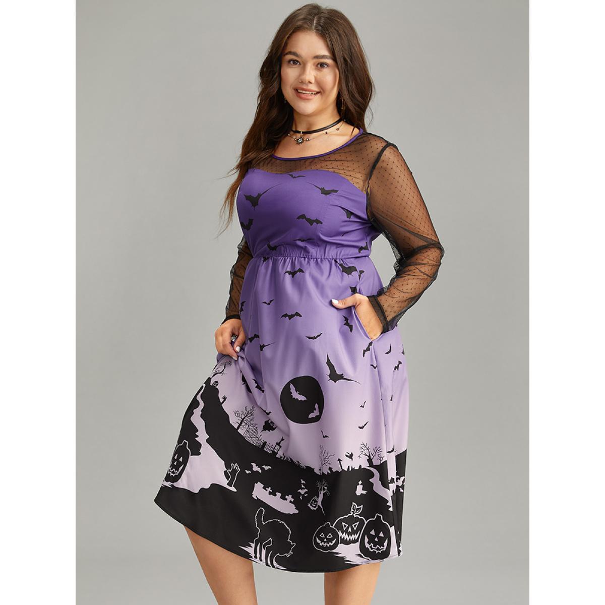 Plus Size Halloween Graphic Pocket Mesh Patchwork Dress Purple Women Elegant See through Round Neck Long Sleeve Curvy Midi Dress BloomChic 22-24/3X Product Image