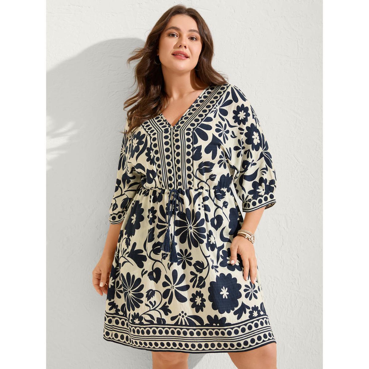 Plus Size Floral Waist-Drawstring Tassel Midi Dress Navy Women V-neck Elbow-length sleeve Curvy BloomChic 26/4X Product Image