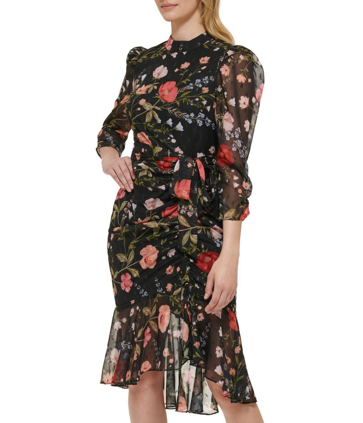 Slim Ruched Sleeve Dress With Mock Neck Black Product Image