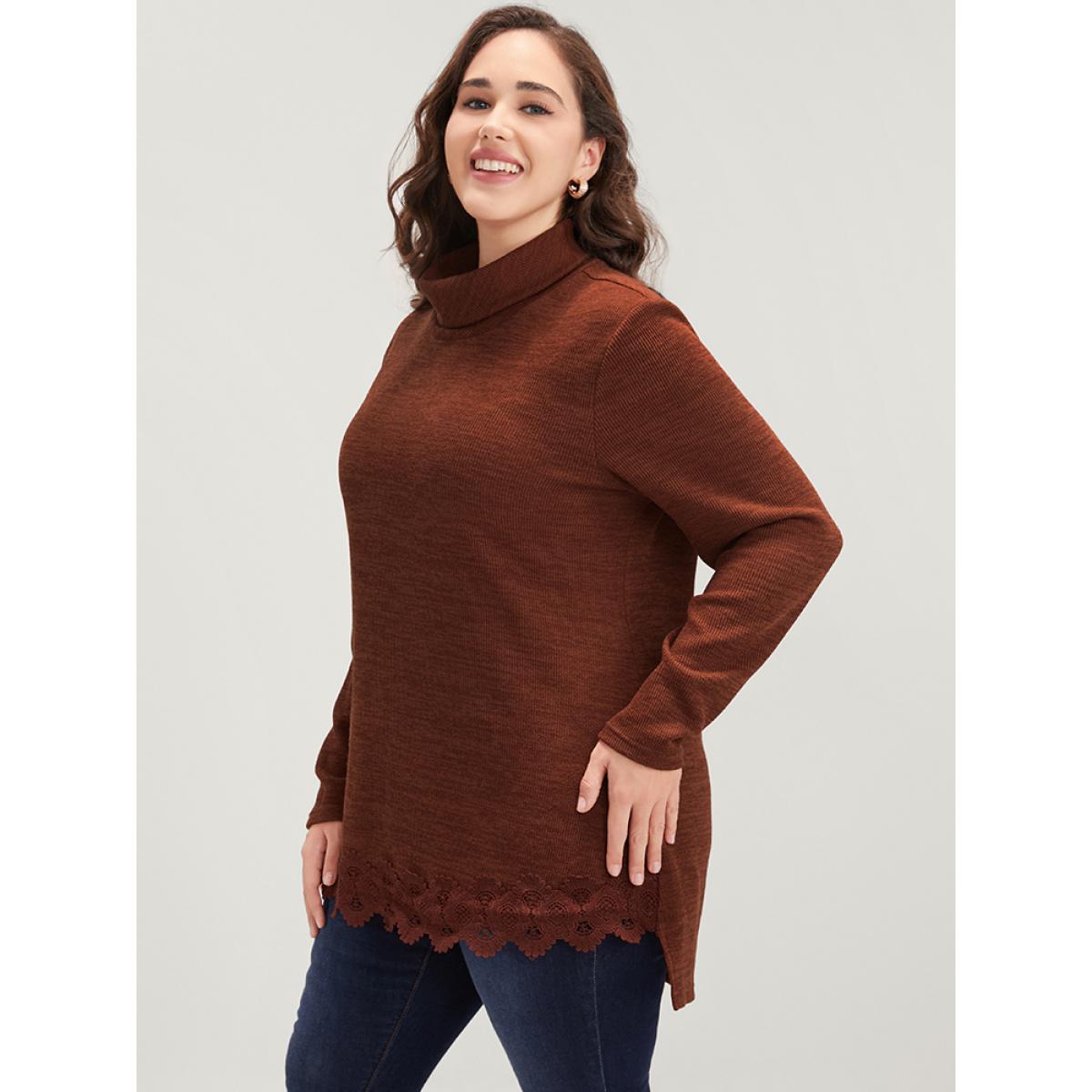 Plus Size Solid Lace Asymmetrical Hem Funnel Neck Sweatshirt Women Russet Elegant Patchwork Turtleneck Dailywear Sweatshirts BloomChic 10/M Product Image
