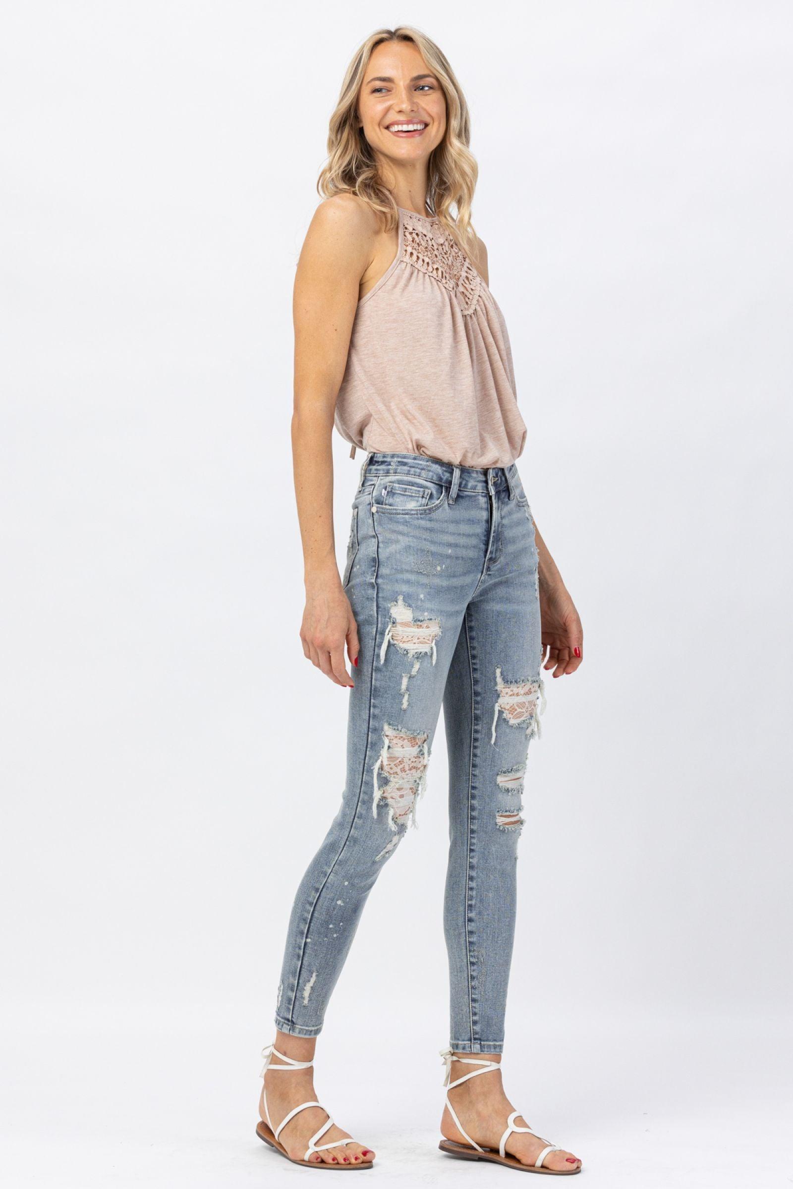 Cheryl Lace Patch Mid-Rise Skinny Judy Blue Jeans Product Image