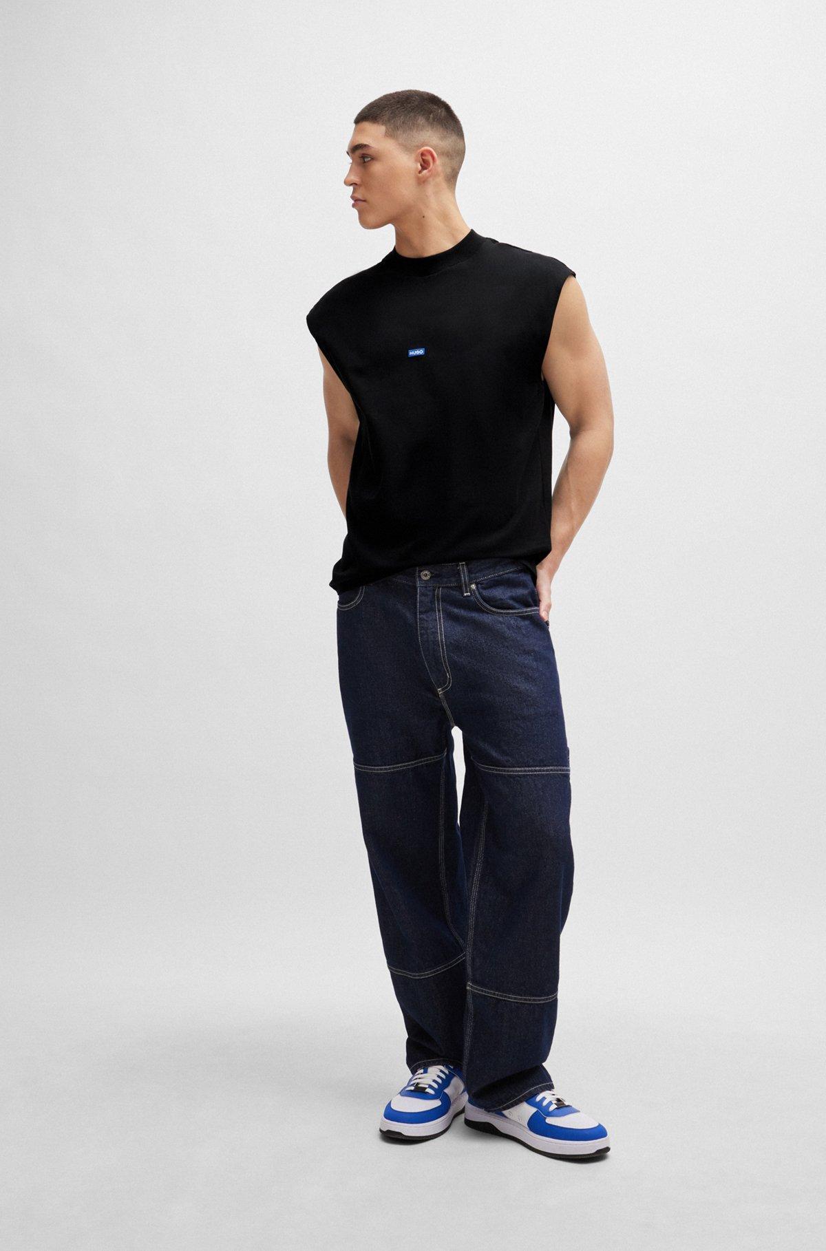 Sleeveless cotton-jersey T-shirt with blue logo label  Product Image