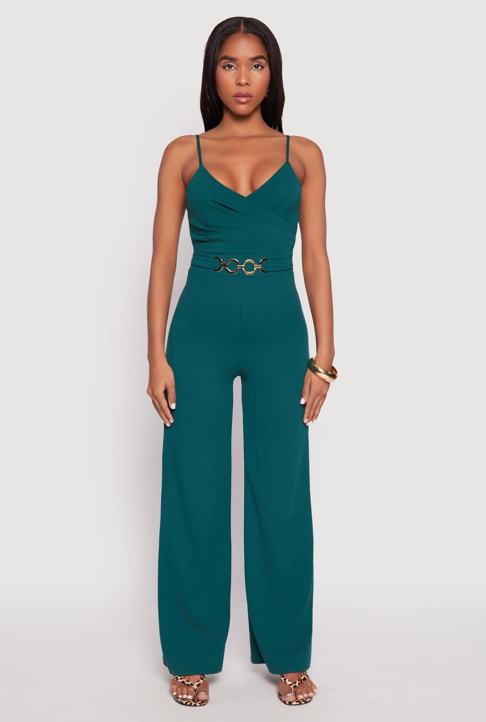 Womens Crepe Knit Chain Belted Front Jumpsuit Product Image