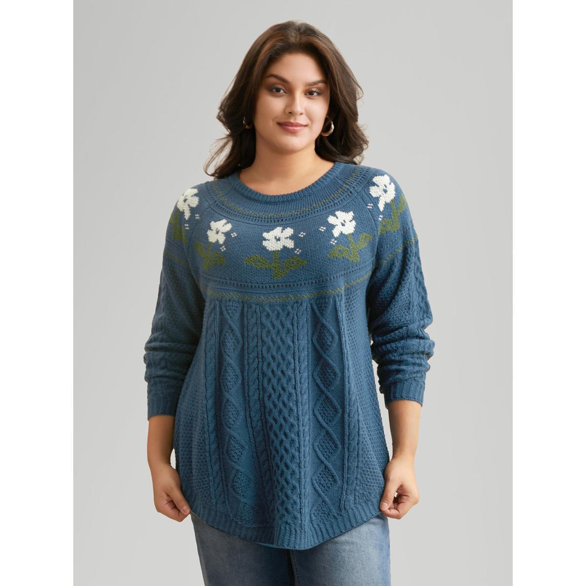 Plus Size Floral Jacquard Raglan Sleeve Pullover Cerulean Women Casual Long Sleeve Round Neck Everyday Pullovers BloomChic 14-16/1X Product Image